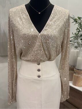 NWT Sequin Long-Sleeve V-Neck Bodysuit Blouse